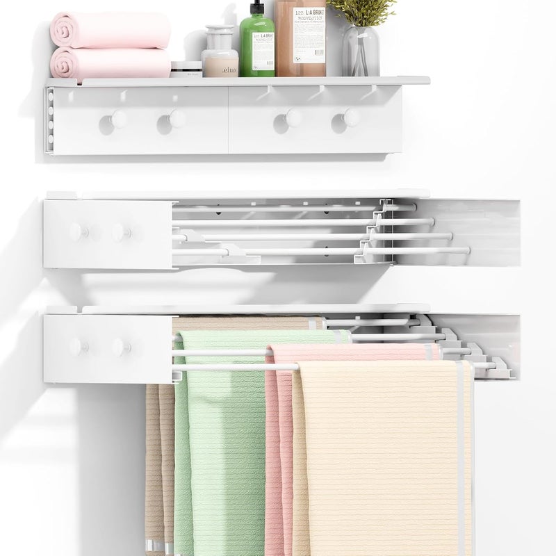 BAKON Wall Mounted Drying Rack with 4 Hooks and Shelf, Foldable Clothes Drying Rack for Laundry Room, Collapsible Laundry Rack Wall Mount, for Indoor Outdoor Hanging Clothes, 23.6 Inch - Image 1